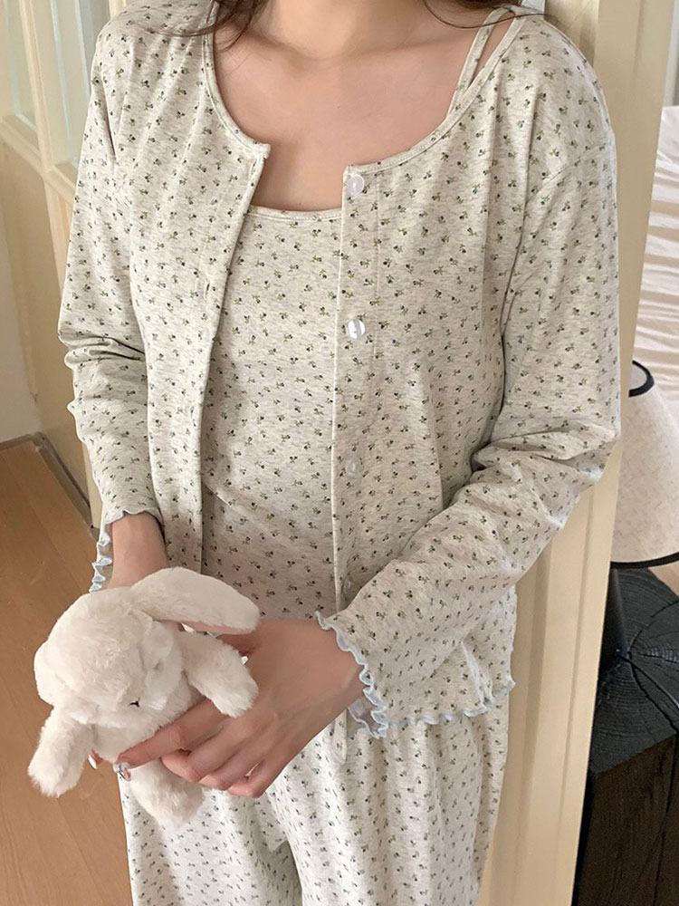 멜로 잠옷세트 캡내장 3피스 가디건 잔꽃 노브라 홈웨어 - 상세 이미지 2