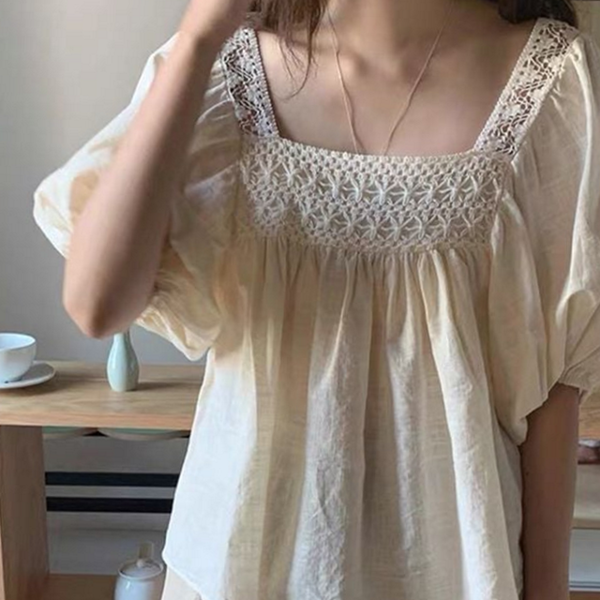 퍼프 여성 스퀘어넥 블라우스 소매 여성 펀칭 블라우스 캐주얼 여름 - 상품 이미지
