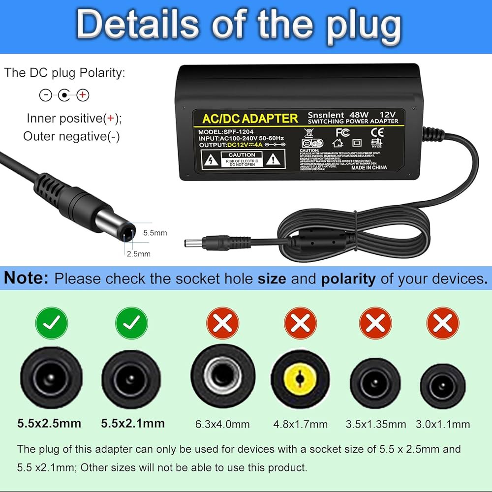 Snsnlent DC 12V 4A 48W Light, System Monitor, Supply AC CCTV with Power Adapter for Strip LCD LED Se - 상세 이미지 3