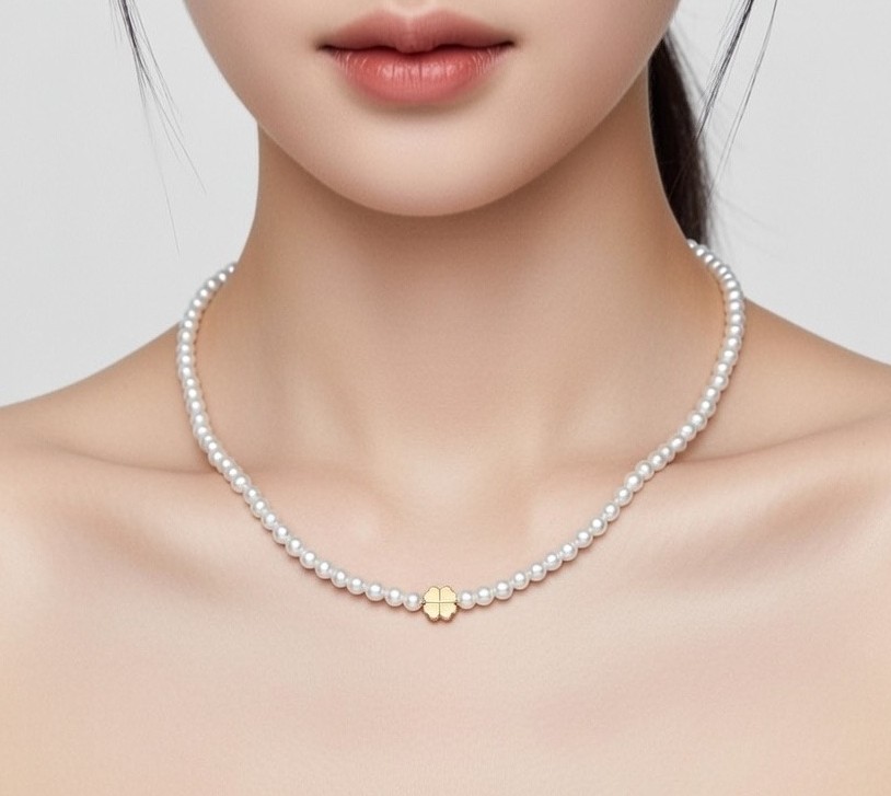 14K 골드 (네잎클로버 장식) 3mm 담수진주  목걸이AAA+ - 상세 이미지 5