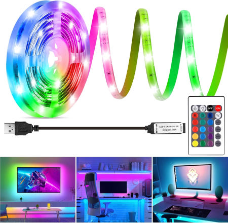 [해외]후후이 LED 스트립 조명 6.56피트 40-60인치 TV 백라이트용 RGB 원격 USB 바이어스 키트가 포함된 컬러 방수 IP65 침실 PC 모니터 미러 캐비닛 6.56