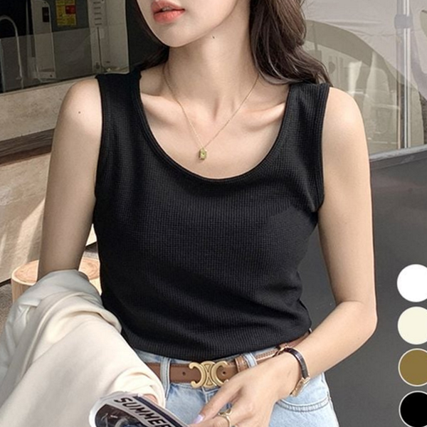 루즈핏 여성 민소매 티셔츠 데 여성 와플 나시 라운드 여름 - 상품 이미지