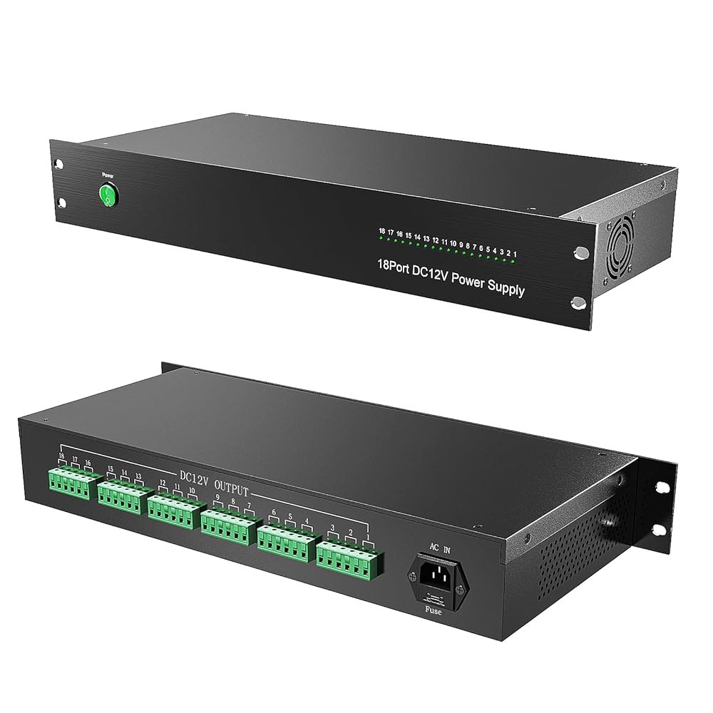 ENS 18채널 랙 장착 가능한 박스, PTC 재설정 DC 및 1.5U 장치 필터링 20A, 공급 서지 감시 조절 DVR/NVR 18CH, 보안 - 퓨즈 보호 출력, 전원 12V - 상품 이미지