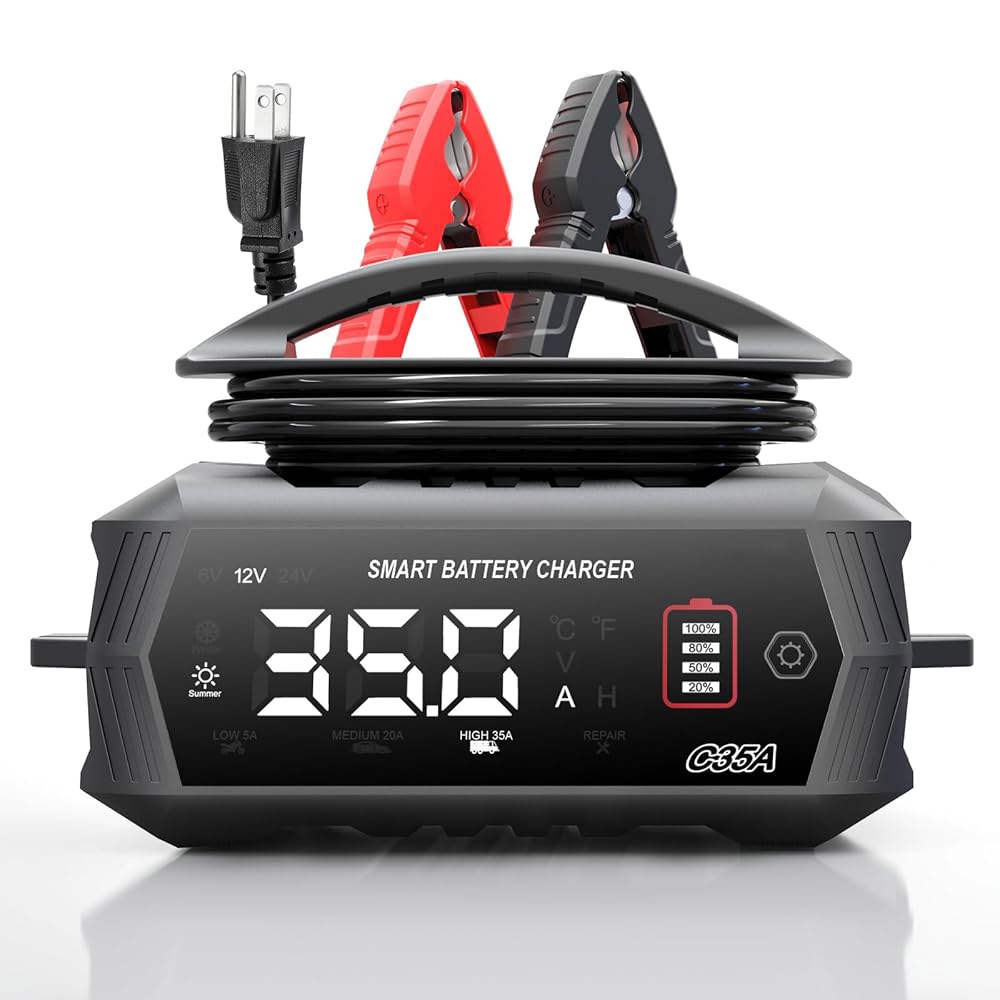 자동차 배터리 충전기 35암페어, 6V / 12V 24V 스마트 충전기, 유지보수기, 납산, 리튬, LiFePo4 배터리용 트리클 자동차, 오토바이, 보트 Black - 상품 이미지