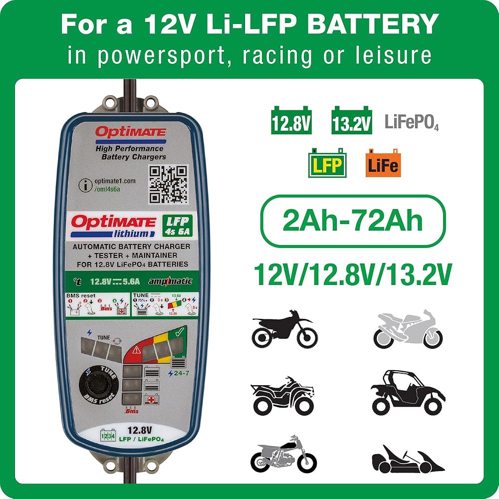 테크메이트 옵티메이트 리튬 4s 6A, TM391, 10단계 12.8V 6A 전문가 배터리 절약 충전기 및 유지보수기, 블루/그린 - 상세 이미지 2