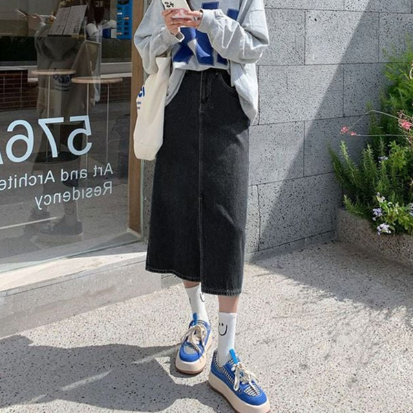 슬림핏 여자 데님 스커트 데일리 여자 롱 스커트 하이 웨스트 - 상품 이미지