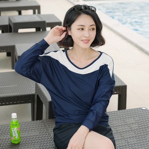 조이마담S7132 심플배색 래쉬가드 상의 50대60대중년여성 빅사이즈수영복 - 상품 이미지