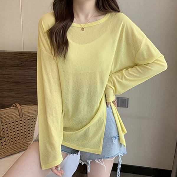 루즈핏 여성 긴 팔 티셔츠 데 여성 시스루 티셔츠 라운드 - 상품 이미지