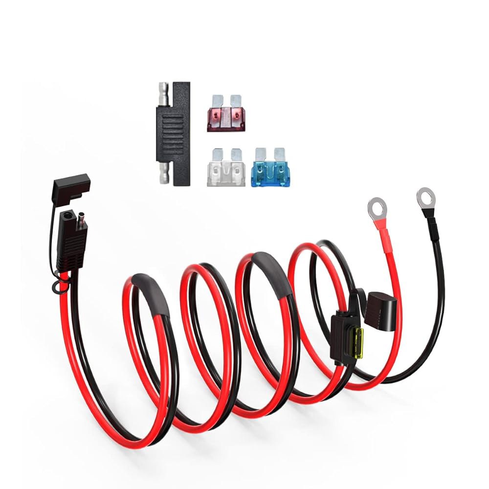 ELFCULB SAE 배터리 커넥터, 12AWG-O 링 터미널 하네스 케이블, 퀵 커넥터 연장 3 퓨즈 포함, 태양광 패널, 오토바이, 자동차(10피트)와 호환 가능 - 상품 이미지