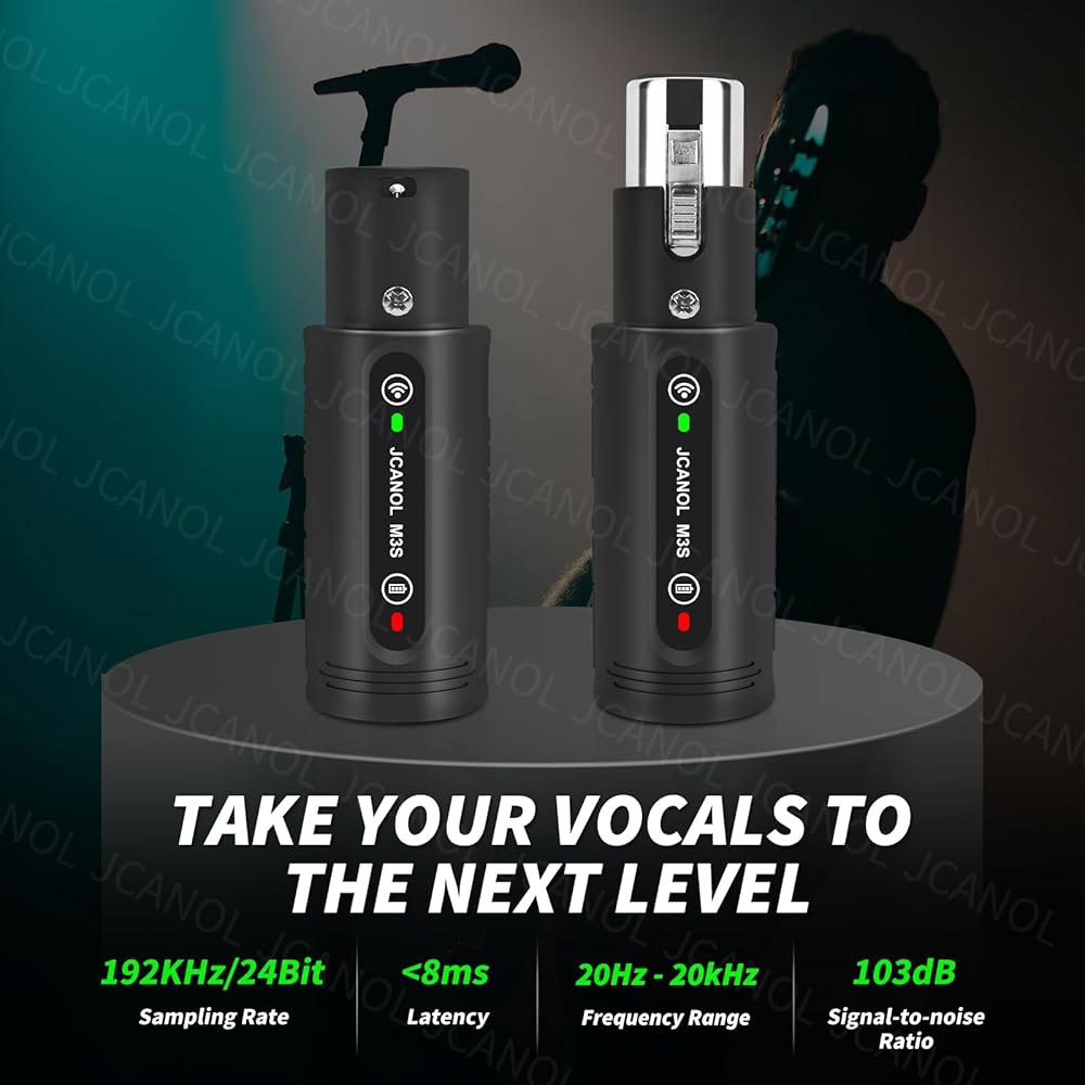 JCANOL M3S 무선 XLR 송신기 수신기, 24비트 /192kHz 고해상도 마이크 어댑터, 동적 마이크, 오디오 믹서, PA 시스템, 164피트 범위용 부스터 내장 - 상세 이미지 3