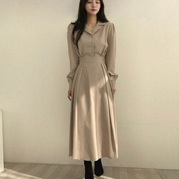 플레어 여성 롱 원피스 브이넥 여성 캐주얼 원피스 데 가을 - 상품 이미지