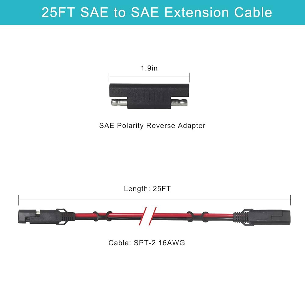 SAE에서 SAE 연장 케이블 16AWG - 25FT 배터리 충전기 코드 헤비 듀티 태양광 패널 트리클 충전기용 극성 역어댑터가 있는 2핀 커넥터를 빠르게 분리합니다 3FT - 상세 이미지 2