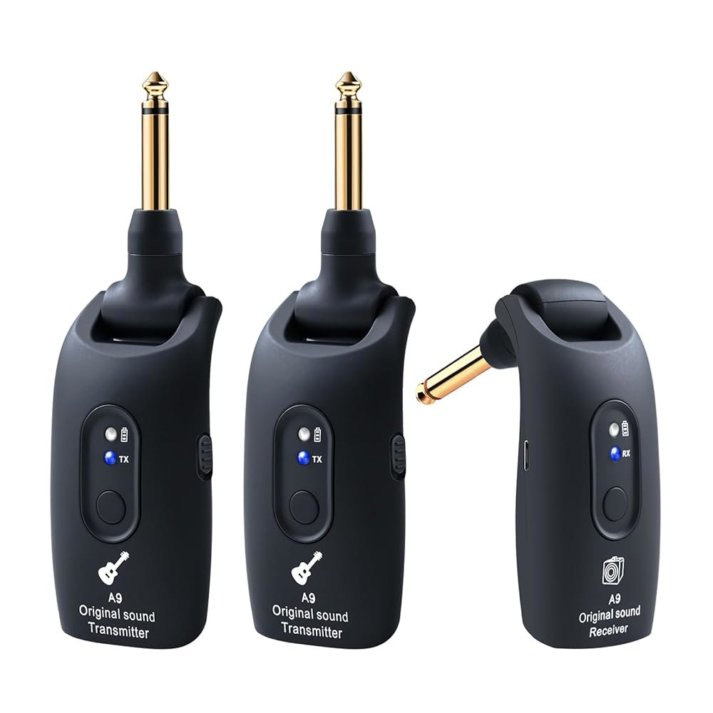 A9 무선 기타 시스템 - 2.4GHz 액세서리 송신기 수신기, 24비트 48KHz 오디오, 100피트 범위, 지연 시간 없음, 4시간 충전식 배터리, 일렉트릭 베이스용(블랙(2T - 상품 이미지