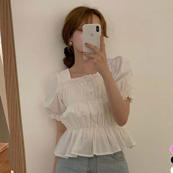 스퀘어넥 여성 블라우스 셔링 여성 크롭 블라우스 데일리 여름 - 상품 이미지