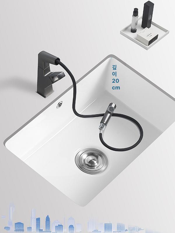 세라믹 싱크볼 발코니 싱크 간이 사각 볼 카페 화이트 4640 가로형 화이트 회전 수도꼭지 포함 - 상세 이미지 4
