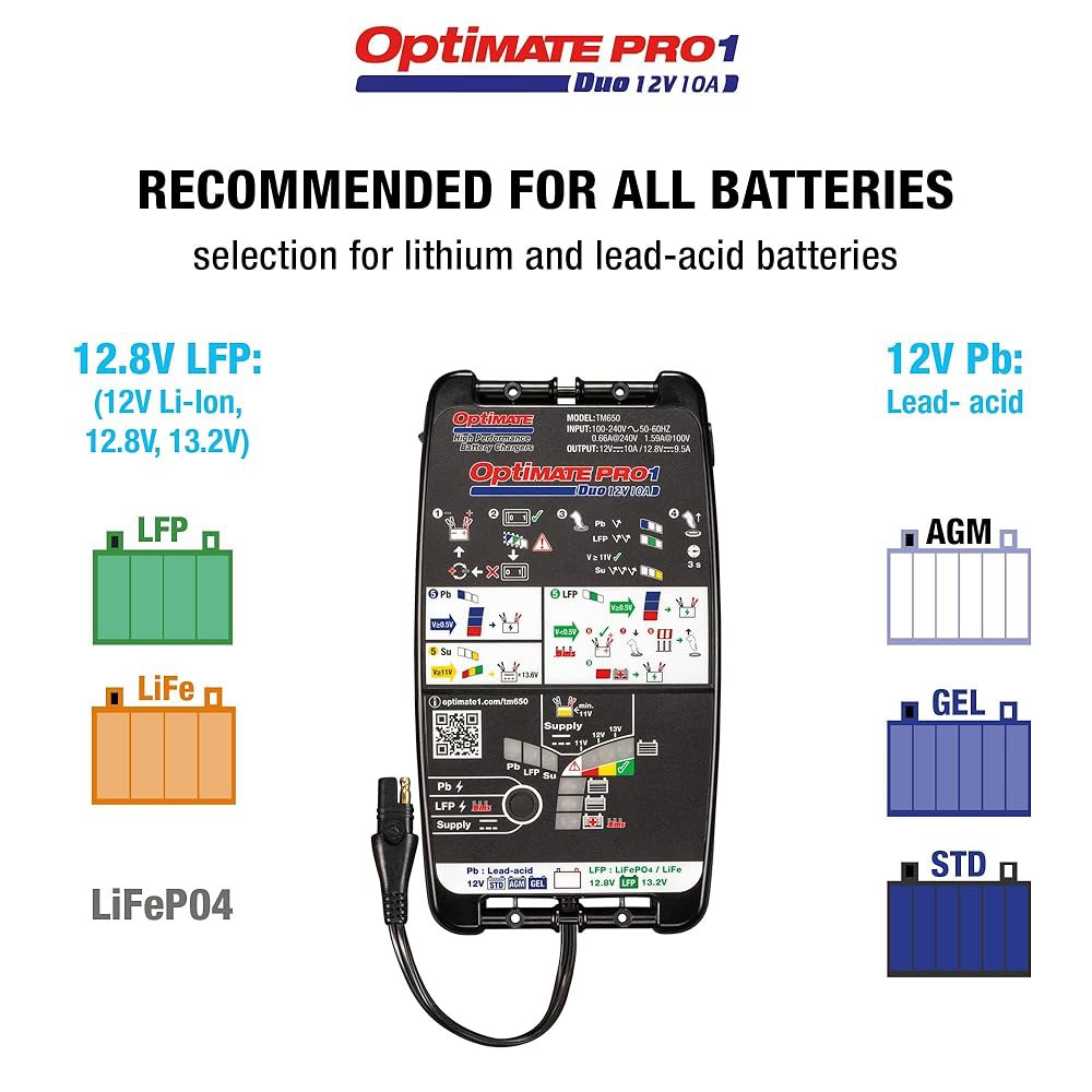 Tecmate OptiMate PRO-1 DUO 11단계 12V / 12.8V 고성능 배터리 절약 충전기, 테스터 및 유지보수기, 블랙 - 상세 이미지 3