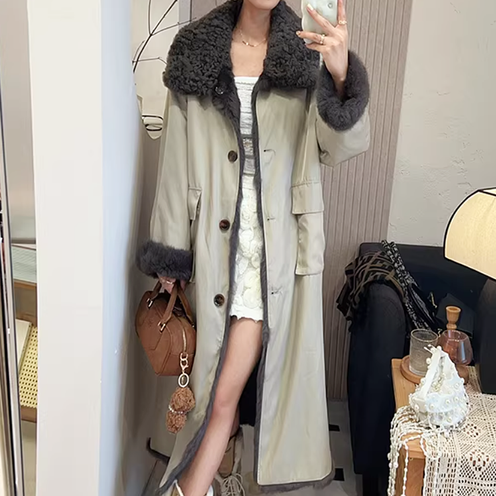 여성 리얼 양털100 퍼카라 무스탕 롱코트 렉스퍼안감 겨울 아우터 - 상세 이미지 3