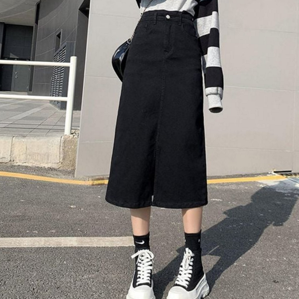 데일리 여성 데님 스커트 캐주얼 여성 미디 스커트 트임 블랙 - 상세 이미지 2