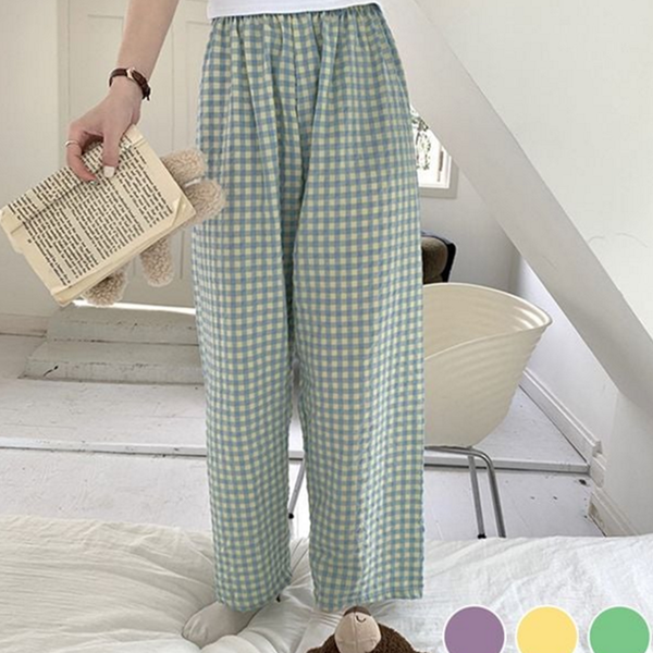 루즈핏 여성 잠옷 바지 체크 와이드 잠옷 바지 사계절 여름 - 상품 이미지