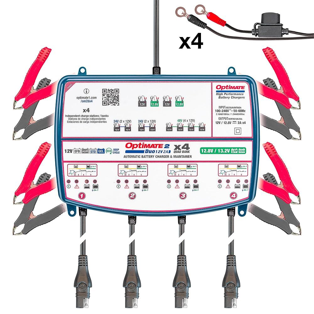 테크메이트 옵티메이트 2 듀오 x 4 뱅크, TM-575, 브론즈 시리즈 5단계 4X 12V / 12.8V 2A 밀폐형 배터리 충전기 및 유지보수기, 블루 - 상품 이미지