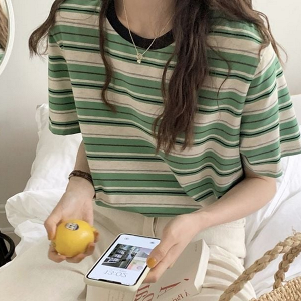 루즈핏 여성 라운드 티셔츠 데일리 여성 단가라 티셔츠 캐주얼 반팔 - 상품 이미지