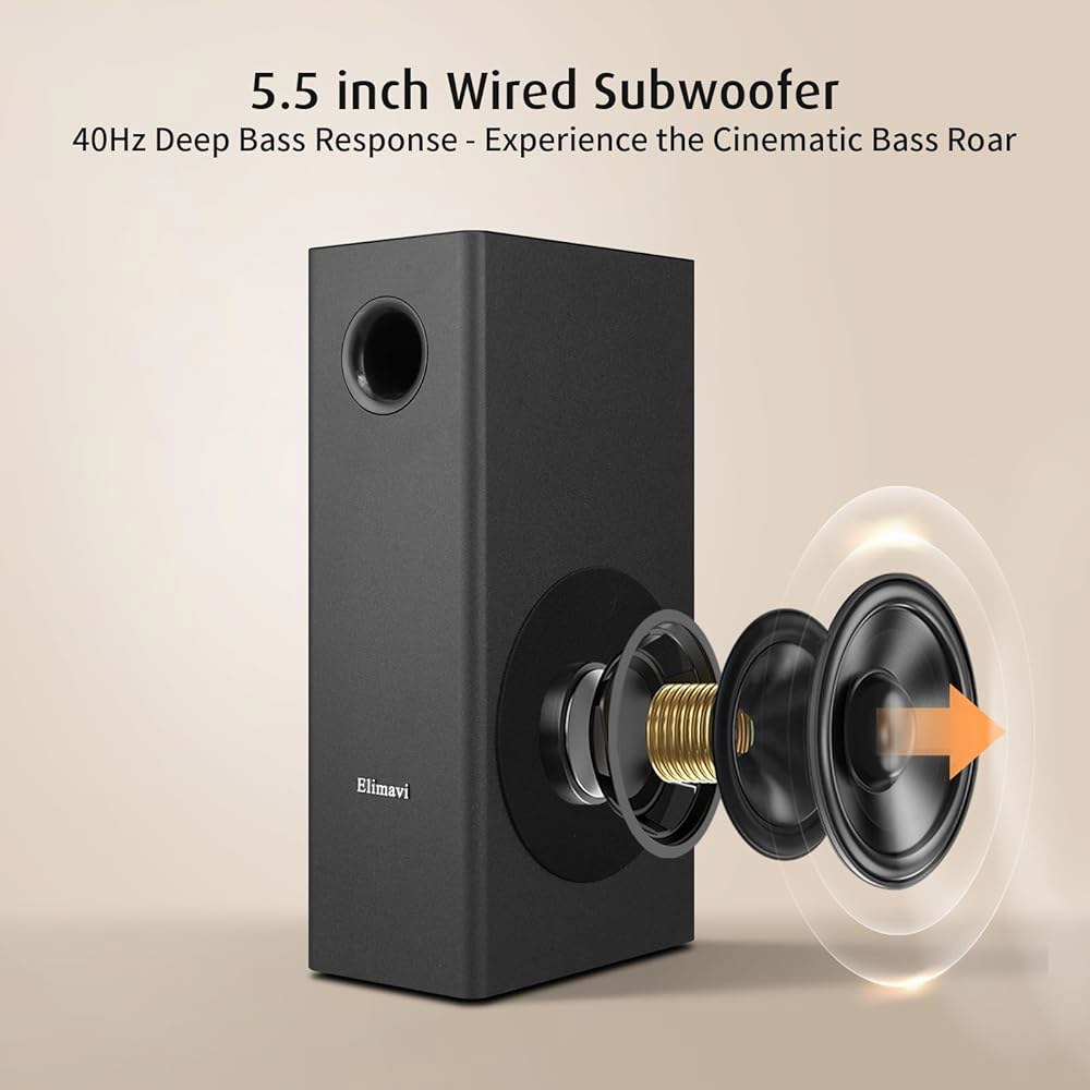 Elimavi 14.9cm(5.5인치) 서브 우퍼가 있는 바 2-in-1, 블루투스 TV, 홈 사운드 딥 시어터용 탈착식 서라운드 및 5.3 RCA, 베이스 2.1채널 게임 시스템 - 상세 이미지 3