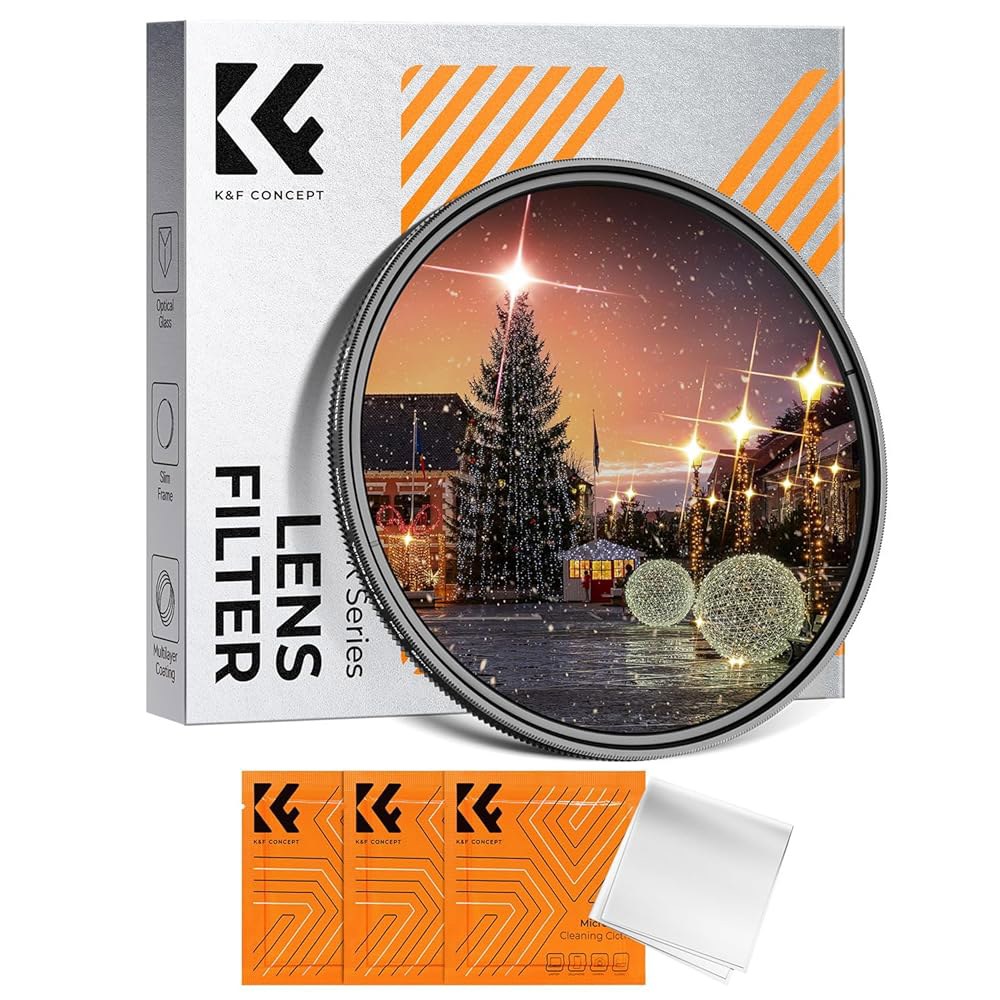 K&F 컨셉 58mm 가변 스타 필터 크로스 스크린 스타버스트 4, 8포인트 -18 레이어 코팅 초슬림 광학 유리 카메라 렌즈 필터, 3 클리닝 천 포함 49mm - 상품 이미지