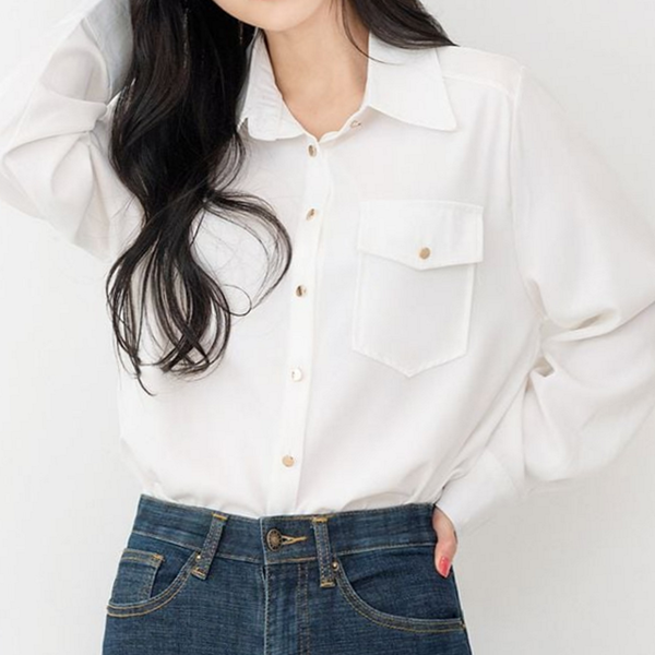 루즈핏 여자 카라 블라우스 캐주얼 여성 원 포켓 블라우스 긴소매 - 상세 이미지 2