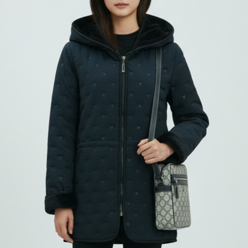 엄마옷 조이마담 J3399 삼각패턴 스트링 후드 퍼코트 중년여성의류 - 상품 이미지