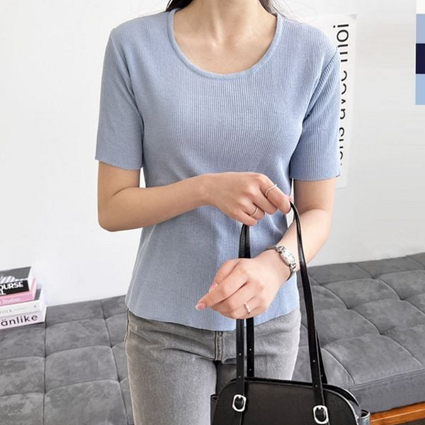데일리 여자 반팔 티셔츠 슬림 여자 골지 반팔 라운드 썸머 - 상품 이미지