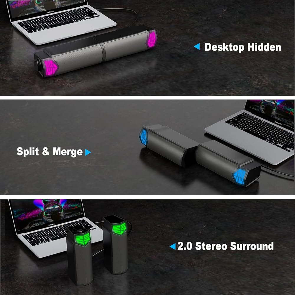 Smalody RGB 조명이 있는 데스크탑 결합 USB 및 게이밍 분할 PC 2-in-1 자유롭게 사운드바 모니터용 스피커, 가능 블루투스 컴퓨터 스피커 전원, 7070 - 상세 이미지 3