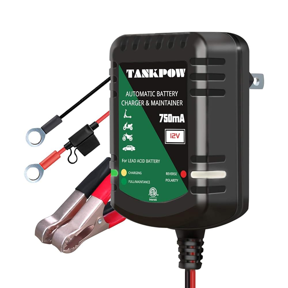TANKPOW 12V 0.75A 스마트 배터리 충전기, 자동차, 오토바이, ATV 등을 위한 자동 충전기 및 유지 관리기, 이중 LED는 퓨즈 링 단자로 충전을 나타냅니다 - 상품 이미지