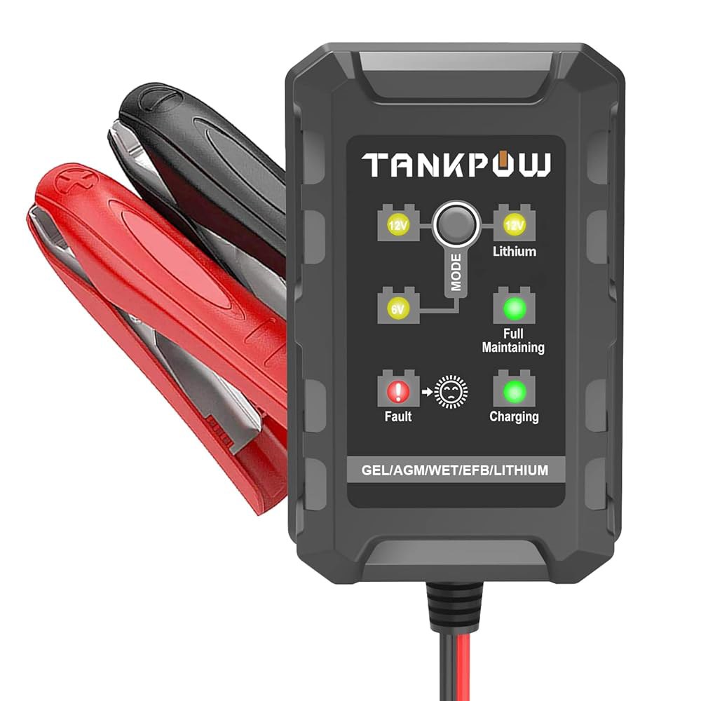TANKPOW 1.5A 스마트 배터리 충전기, 6V / 12V 14.6V 자동 유지 관리기, 트리클 자동차용 부유식 모터사이클, 납산 및 리튬(LiFePO4) 딥 사이클 - 상품 이미지