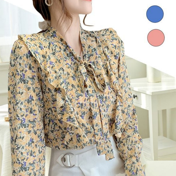 데일리 여성 플라워 블라우스 프릴 여성 쉬폰 블라우스 호캉스 여행 - 상품 이미지