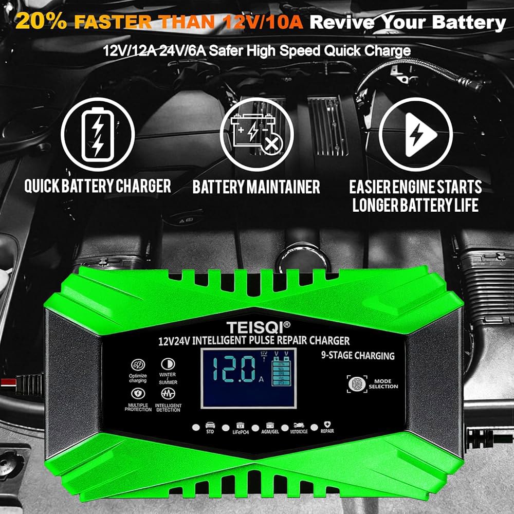 TEISQI 배터리 충전기, 12Amp 12V / 24V 스마트 트리클 충전기 - 자동차 모터사이클 잔디 깎는 해양 납산 /LiFePO4 (녹색)에 대한 온도 보상이 포함된 유지보 - 상세 이미지 2