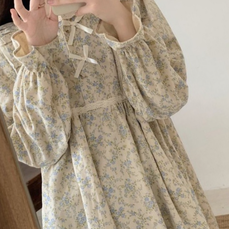 잔꽃 긴팔 꽃무늬 플라워 원피스 홈웨어 잠옷 - 상품 이미지
