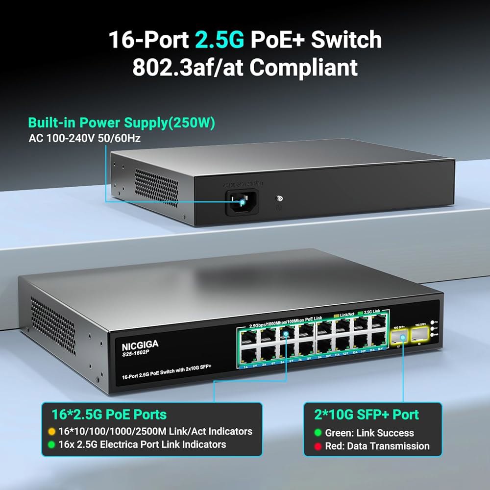 16 포트 2.5G PoE 스위치 NAS, 2.5Gbe Power PoE+@250W 스위치, AP, Over Base-T 카메라 IEEE802.3af/at 4K 2.5Gb NICG - 상세 이미지 2