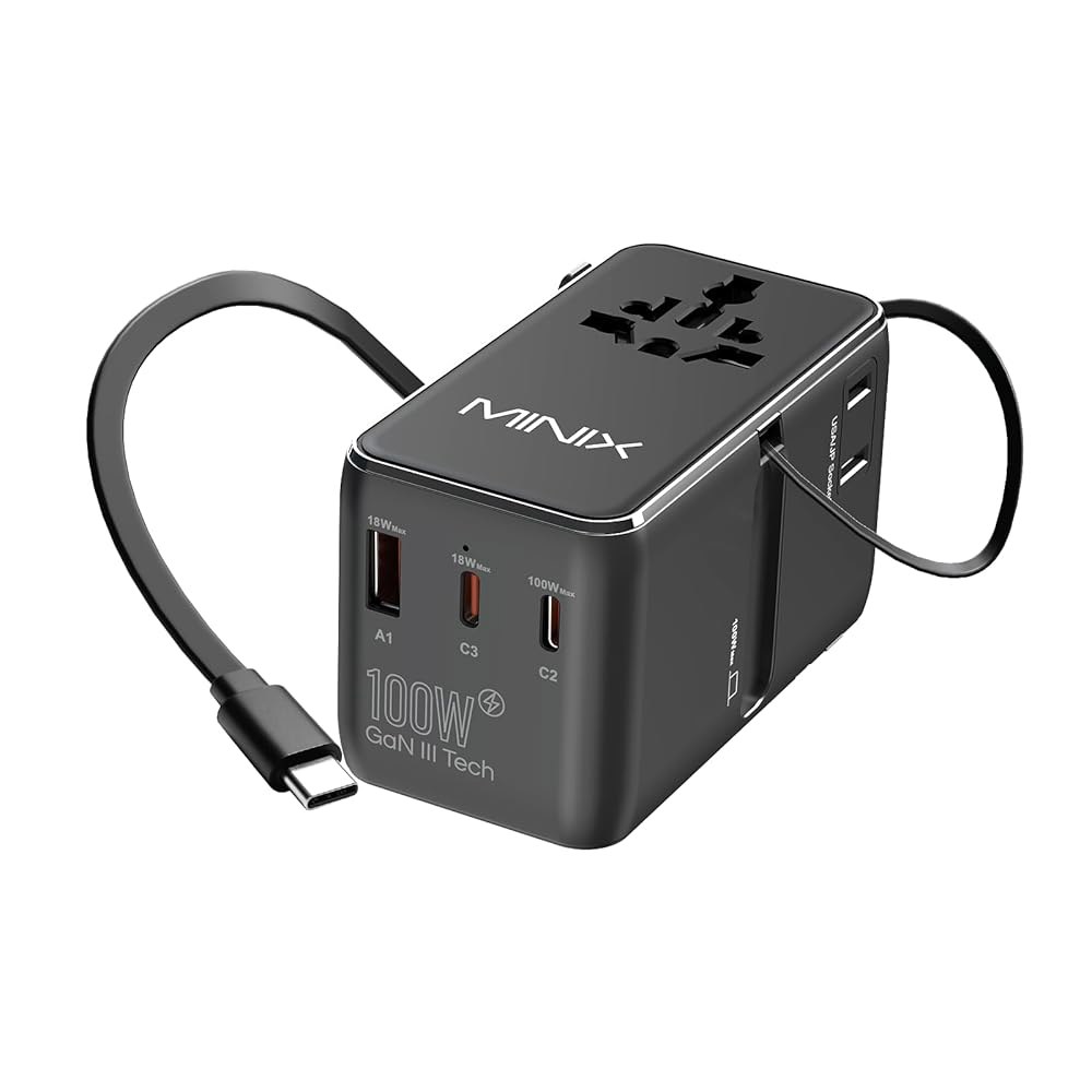 MINIX 100W 범용 여행용 어댑터, 포트, 노트북, 국제 세계 USB-A 전 C 케이블, 태블릿, 콘센트, 충전기 USB C타입 x 1 카메라용 3 GaN 접이식 AC 전원 - 상품 이미지