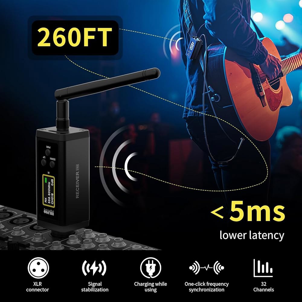 안테나가 장착된 HHLPRO UHF 무선 기타 시스템, 260피트 범위, 32채널, 듀얼 볼륨 제어, 베이스 전기 악기용 충전식 오디오 XLR 송신기, F40 - 상세 이미지 2