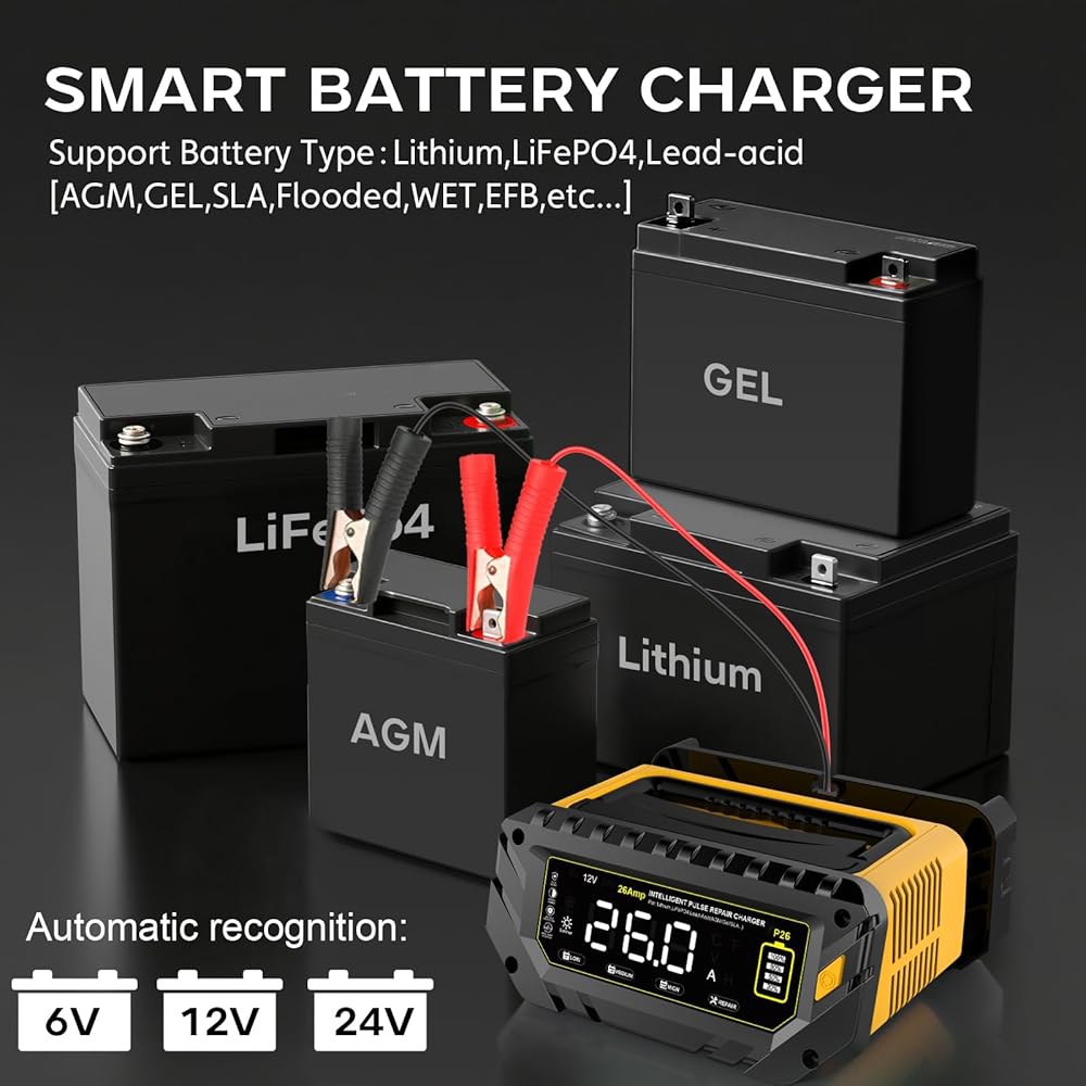 26 AMP 자동차 배터리 충전기, 6V / 12V 24V 납산, 리튬, LiFePo4 스마트 대형 스크린 트리클 자동차, 오토바이, 잔디 깎는 기계용 완전 자동 충전기 및 유지보 - 상세 이미지 2