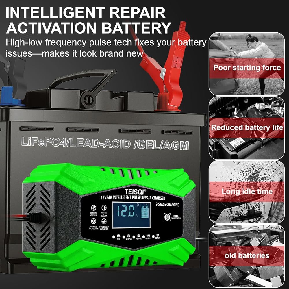 TEISQI 배터리 충전기, 12Amp 12V / 24V 스마트 트리클 충전기 - 자동차 모터사이클 잔디 깎는 해양 납산 /LiFePO4 (녹색)에 대한 온도 보상이 포함된 유지보 - 상세 이미지 3