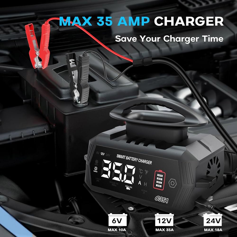 자동차 배터리 충전기 35암페어, 6V / 12V 24V 스마트 충전기, 유지보수기, 납산, 리튬, LiFePo4 배터리용 트리클 자동차, 오토바이, 보트 Black - 상세 이미지 2
