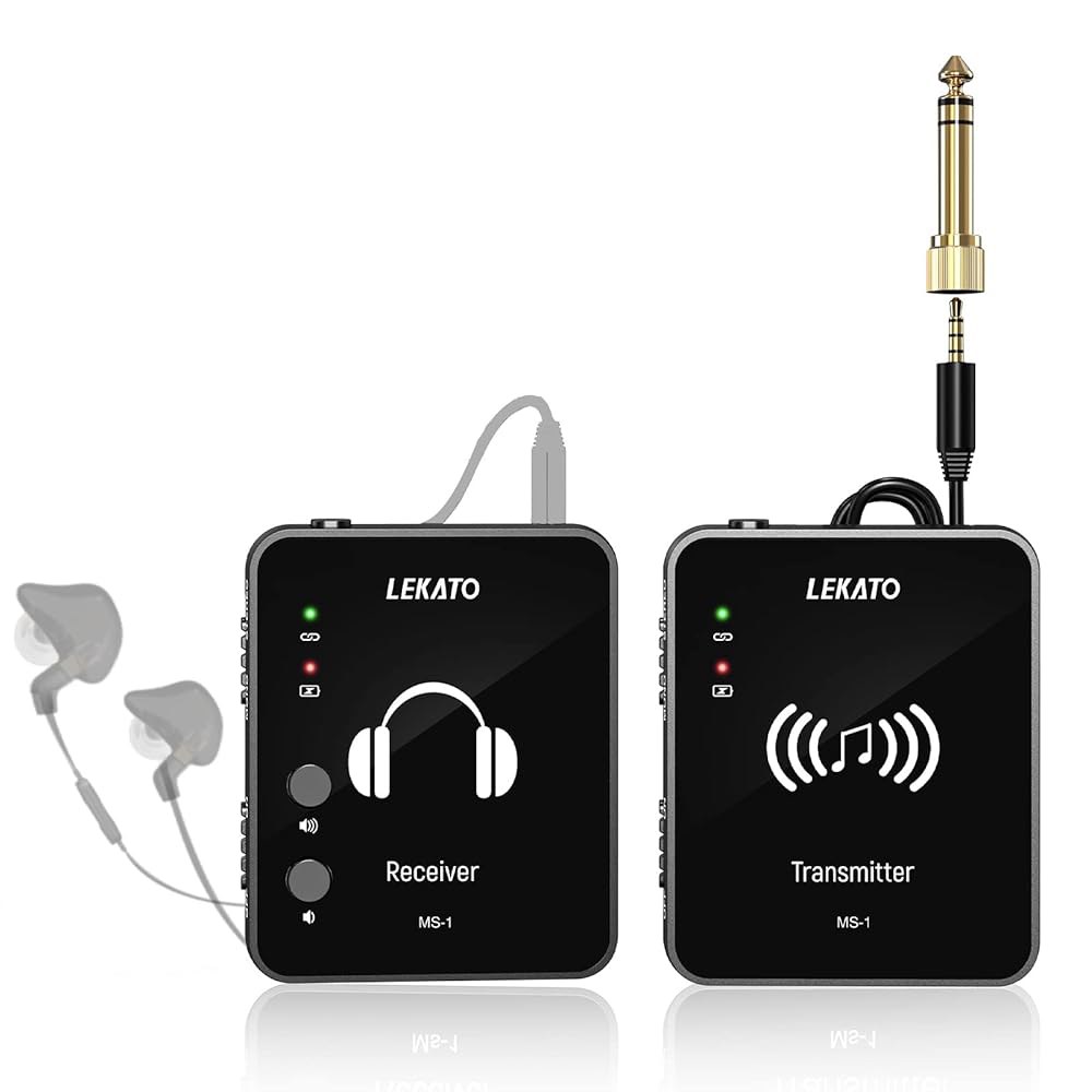 LEKATO MS-1 무선 이어 모니터 시스템, 송신기 클립이 장착된 2.4GHz 스테레오 인이어 모니터링, 1 대 다수, 오토 페어링, 밴드 리허설, 스튜디오, 교회, 작은 공연 - 상품 이미지