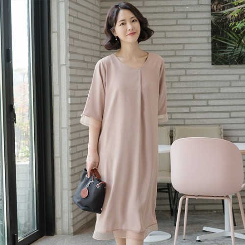 엄마옷 조이마담 ON1399 노방배색 진주 원피스 중년여성의류 - 상품 이미지