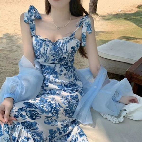 플라워 여성 원피스 민소매 여성 롱 원피스 휴양지 데이트 여름 - 상품 이미지