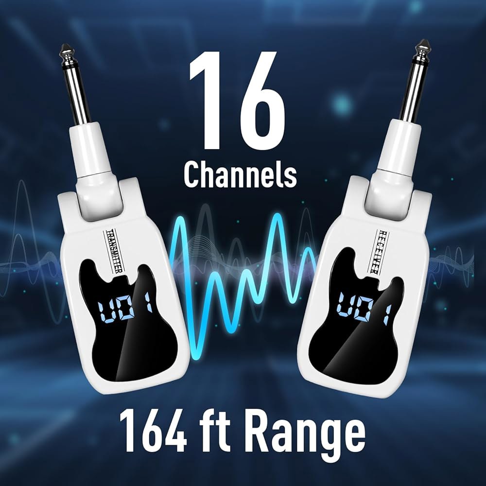 데블클로 UHF 무선 기타 시스템 - 볼륨 조절이 가능한 16채널 충전식 송신기 수신기 베이스 악기용 무간섭 어댑터(화이트) White - 상세 이미지 3