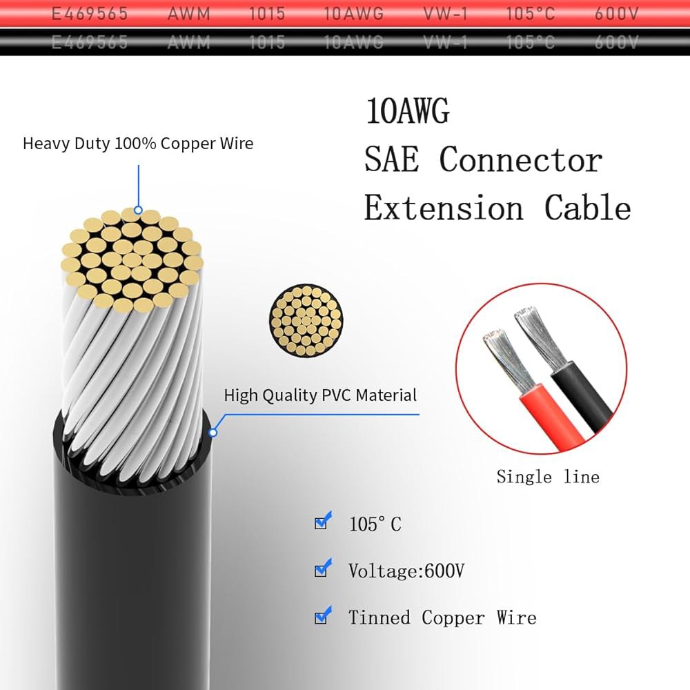 ELFCULB SAE 커넥터 케이블, 10AWG 2피트 2핀 퀵 태양광 패널 자동차 오토바이용 분리 플러그(2팩) 16AWG 1FT SAE Connector - 상세 이미지 3