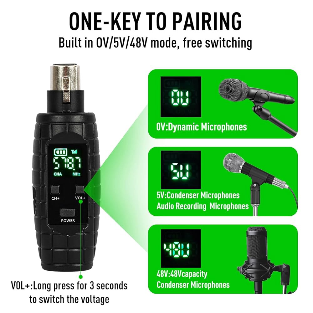 다이나믹 마이크, 기타, 믹서, PA 시스템, 송신기 및 수신기용 데블클로 UHF 무선 마이크 수신기 XLR 어댑터(수신 1회 + 송신 1회) - 상세 이미지 3