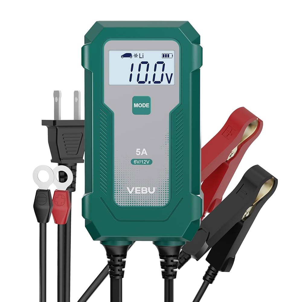 VEBU 5A 스마트 배터리 충전기 및 유지 관리기 - 6V/12V 납산/리튬 배터리용 자동 충전, 탈황 보호 | 컴팩트 플러그 앤 플레이 디자인 - 상품 이미지