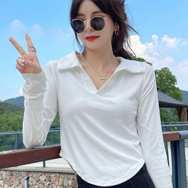 루즈핏 여성 브이넥 티셔츠 데 여성 긴 팔 티셔츠 골지 - 상품 이미지
